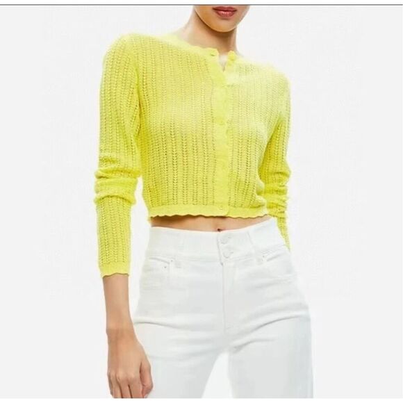 Alice + Olivia Brisa Fitted Cropped Pointelle Cardigan Sweater Neon Yellow Siz S - Picture 1 of 10
